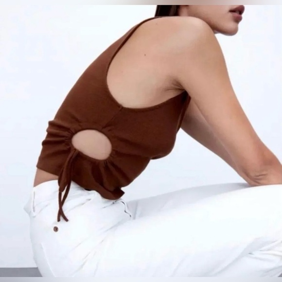 Zara Ribbed Sleeveless Ruched Side Tank Top Brown Size M - Picture 9 of 9